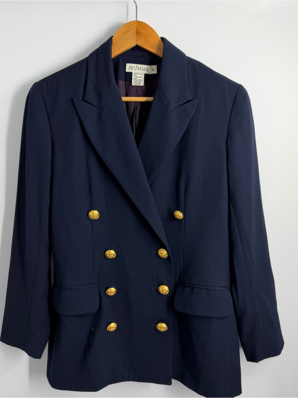 Ann Taylor Vintage Double Breasted Gold Button Navy Blazer Suit
